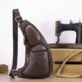 Men genuine leather sling chest bag casual vintage crossbody backpack with multi zipper pockets. - Brown