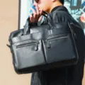 Classic black leather business briefcase for men, stylish messenger and shoulder handbag. - 14" / Black (Plain)