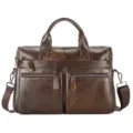 Brown leather business briefcase for men with dual top handles and shoulder strap. - 14" / Coffee