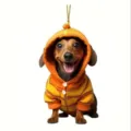 Cute 2D acrylic dachshund dog hanging ornament for car rearview mirror and holiday home decor. - 8cm / Orange Hoodie