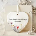 Exquisite ceramic friendship heart ornament with floral watercolor and warm friendship quote. - 8cm / 10