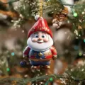 Detailed close-up shot of the cute Christmas gnome ornament hanging on tree branch. - Classic Santa Claus Style