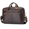 Detailed view of brown genuine leather men business briefcase laptop shoulder messenger bag. - Coffee