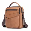 Men's brown genuine leather vertical crossbody bag, business large capacity messenger shoulder bag. - Brown