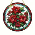Detailed view of the round stained glass style poinsettia hanging ornament with vibrant red flowers. - 15x15x0.3cm / Style 2
