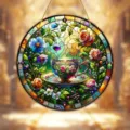 Close-up detail of the colorful stained glass style acrylic floral teacup hanging ornament. - 15x15x0.3cm / Style 3