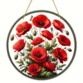 Acrylic red poppy flower round hanging plaque detail view, elegant botanical home decor art. - Style 6
