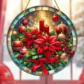 Christmas stained glass acrylic hanging ornament with festive red poinsettia and candle decor. - Style 9