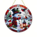 Acrylic 2D flat round hanging ornament featuring a vintage stained glass snowman and winter landscape. - Style 12