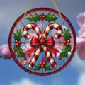 Stained glass style candy cane hanging ornament detail, acrylic round decorative disc view. - Style 14