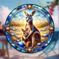 Close-up detail of the acrylic round hanging ornament featuring artistic stained glass kangaroo. - Style 16