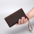 Men's Crazy Horse Leather Long Wallet Zipper Clutch Bag with strap brown variant - Coffee
