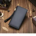Men's black long wallet leather clutch bag with wrist strap retro business accessory - Black