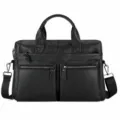 Genuine leather men business briefcase laptop bag with double front pockets and strap. - 14" / Lychee Black