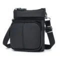 Black genuine leather men's cross-body shoulder bag with multiple secure zipper pockets - Black