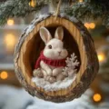 Christmas tree hanging ornament featuring cute rabbit in tree hole with scarf and snow decor detail. - Tree Hole White Rabbit