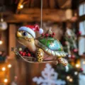 Cute turtle Christmas tree hanging ornament with Santa hat and sleigh for holiday decor. - Style 4 / 8cm