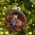 Detailed view of the fox in tree hole Christmas hanging acrylic ornament pendant decor. - Tree Hole Red Fox
