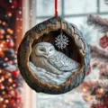 Christmas tree hanging ornament featuring a cute snowy owl inside a rustic tree hole holiday decor. - Tree Hole Owl