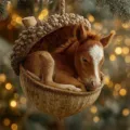 Close-up detail of the cute sleeping foal inside acorn ornament for festive Christmas tree. - Pony (Long Side 8cm) / 8cm
