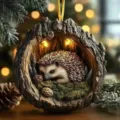 Christmas tree hanging ornament featuring cute hedgehog in tree hollow with pinecones and lights. - Hedgehog in Tree Hole