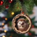 Cute hedgehog Christmas tree ornament hanging detail, festive wooden round pendant decor. - Hedgehog in Tree Hole