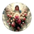 Detail shot of the vintage religious wall plaque featuring Madonna and pink roses, exquisite wall decor. - 8x8x0.3cm / 2