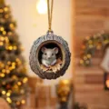 Christmas tree hanging ornament featuring a cute mouse in tree hole with autumn leaves decor. - Tree Hole Little Mouse