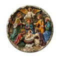 Detailed view of the vintage round Nativity scene wall plaque, exquisite religious decor. - 8x8x0.3cm / Style 3