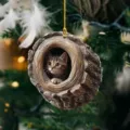 Christmas tree hanging ornament with cute tabby kitten in a realistic tree log design. - Tree Hole Little Cat