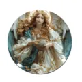 Close-up detail of the retro circular angel wall plaque, vintage art home decor painting. - 7