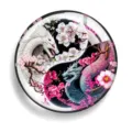 Detailed view of round yin yang dragon acrylic fridge magnet with cherry blossom art. - Style 3 (Dragon & Cherry Blossom) / 6x6x0.3cm