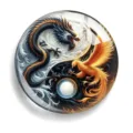 Detailed close-up of a round Yin Yang dragon phoenix glass cabochon, perfect for DIY fridge magnets. - Style 6 (Dragon & Phoenix)