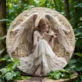 Detailed view of circular angel wall plaque featuring a carved winged maiden reading a book. - 14