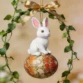 Easter white rabbit ornament hanging pendant detail view with floral vine and golden bow - Style 5