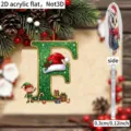 2D acrylic Christmas letter F pendant with Santa hat and cute elf for holiday tree decor. - F