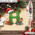 2D acrylic Christmas letter H hanging ornament with cute elf and gift box decor for party. - H