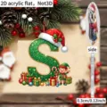 Christmas 2D acrylic flat letter S hanging ornament with cute elf and Santa hat decor. - S