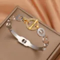 Two-tone CZ pave OT clasp link bracelet, luxury style elegant wrist jewelry detail shot. - Round / Silver
