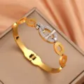 Exquisite 18K gold plated zircon pig nose T-bar bracelet elegant fashion jewelry detail view. - Oval / Silver