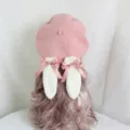 Sweet lolita pink beret with white plush bunny ears and cute satin bowknot, kawaii cute hat. - M (56-58cm) / Pink Beret Bunny Ear Style