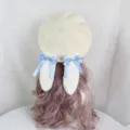 Sweet Lolita wool beret featuring plush lop bunny ears and elegant blue bow knots. - M (56-58cm) / Off-White Hat + Light Blue Ears