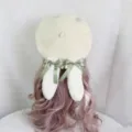 Cute lolita beret hat featuring plush rabbit ears and stylish green bow ribbons for women. - M (56-58cm) / Off-White Hat + Grass Green Ears
