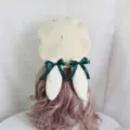 Cute Lolita rabbit ear beret hat with dark green bow, sweet wool plush bunny cap for sweet girls. - M (56-58cm) / Off-White Hat + Dark Green Ears