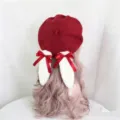 Sweet lolita red wool beret with cute white plush bunny ears and ribbon bow for women. - M (56-58cm) / Wine Red Beret Bunny Ear Style