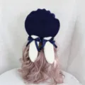 Cute Lolita dark blue wool beret featuring white plush bunny ears and sweet ribbon bows. - M (56-58cm) / Dark Blue Beret Bunny Ear Style