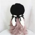 Cute lolita black wool beret with fluffy white rabbit ears and black bows, sweet hat style. - M (56-58cm) / Black Beret Bunny Ear Style