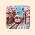 Pink cherry blossom tram refrigerator magnet, Japanese street scene souvenir acrylic sticker. - Sakura Tram Style (1) / 8cm