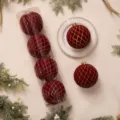 Red velvet Christmas balls set with gold glitter grid pattern, festive tree hanging ornaments. - 12cm Grid Ball (4pcs/Box) / Burgundy