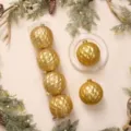 Bolas de Navidad doradas con purpurina y textura de diamantes 3D para decoración festiva - 12cm 4 Piezas / Dorado